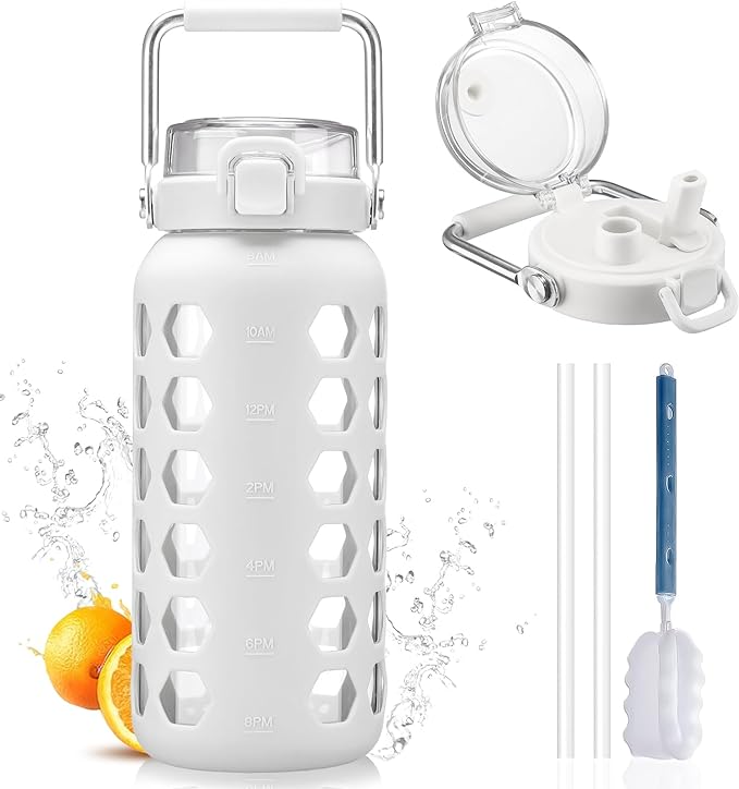 MUKOKO 64oz Glass Water Bottles with Straw and Lid,Half Gallon Water Bottle with Time Marker,Large Glass Water Jug with Silicone Sleeve and Stainless Steel Handle-White