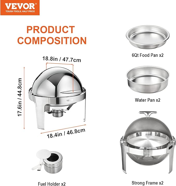 VEVOR Roll Top Chafing Dish Buffet Set, 6 Qt 2 Pack, Stainless Steel Chafer with 2 Full Size Pans, Round Catering Warmer Server with Lid Water Pan Stand Fuel Holder, for at Least 5 People Each