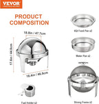 VEVOR Roll Top Chafing Dish Buffet Set, 6 Qt 2 Pack, Stainless Steel Chafer with 2 Full Size Pans, Round Catering Warmer Server with Lid Water Pan Stand Fuel Holder, for at Least 5 People Each