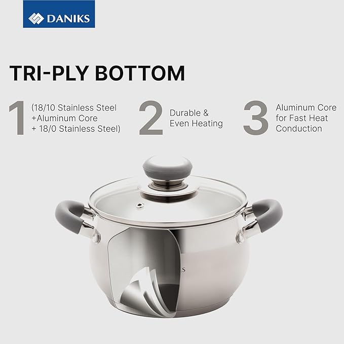 Daniks Modern 11-Piece Stainless Steel Cookware Set with Glass Lids, Includes Saucepan and Frying Pan with Lid, Tri-Ply Bases for Even Heating, Induction Compatible, Dishwasher Safe, Heatproof Handles