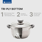 Daniks Modern 10-Piece Stainless Steel Cookware Set with Glass Lids, Includes Saucepan, Tri-Ply Bases for Even Heating, Induction Compatible, Dishwasher Safe, Heatproof Handles