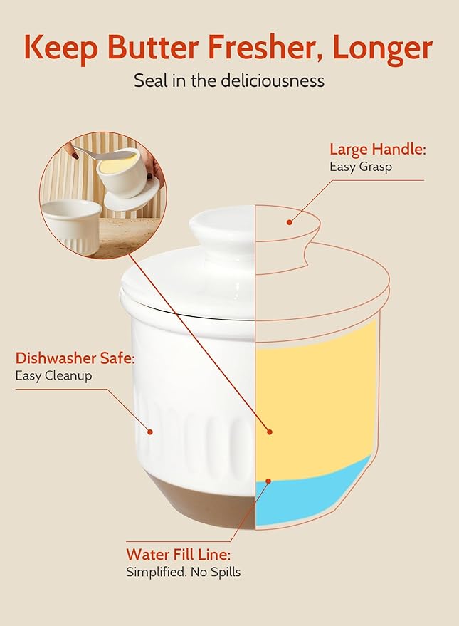 Sweese French Embossed Butter Crock with Lid - Elegant Floral Relief Design & Water Reservoir - White Countertop Butter Keeper