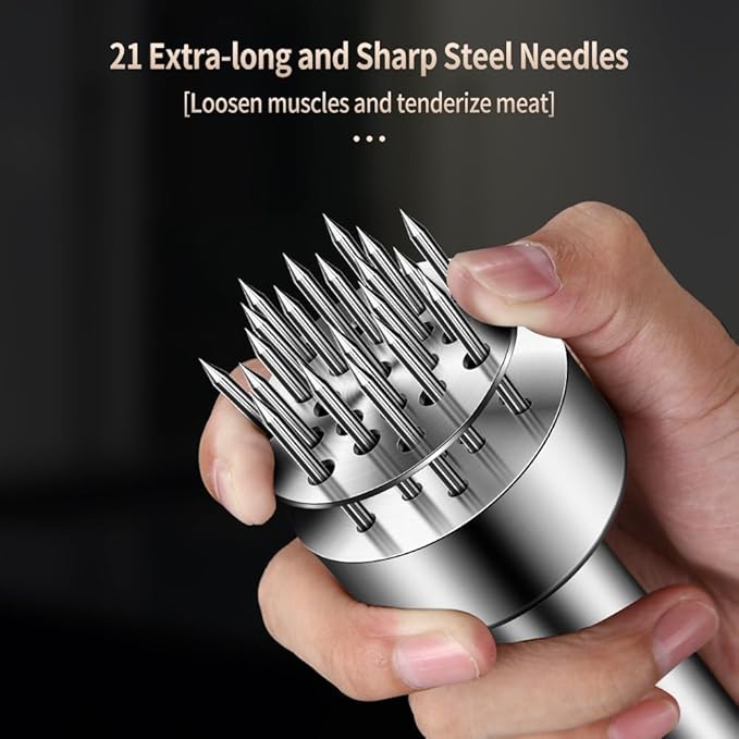 Stainless Steel Meat Tenderizer Tool, 21 Sharp Needles, Chicken Meat Tenderizer, Tenderizing Steak, Beef, Chicken, Pork, Barbecue, Marinating Prep Tool, with free cleaning brush