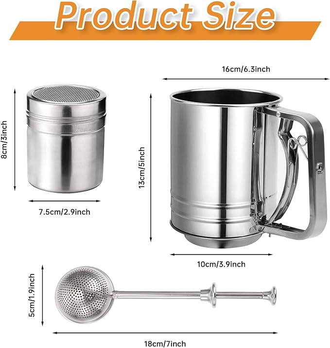 Flour Sifter, 3 in 1 Stainless Steel Sifter for Baking, 3 Cup Double Layer Fine Mesh Sifter, Powdered Sugar Shaker Duster Set for Baking Cakes, Pastries, Pies, Cupcakes and Desserts