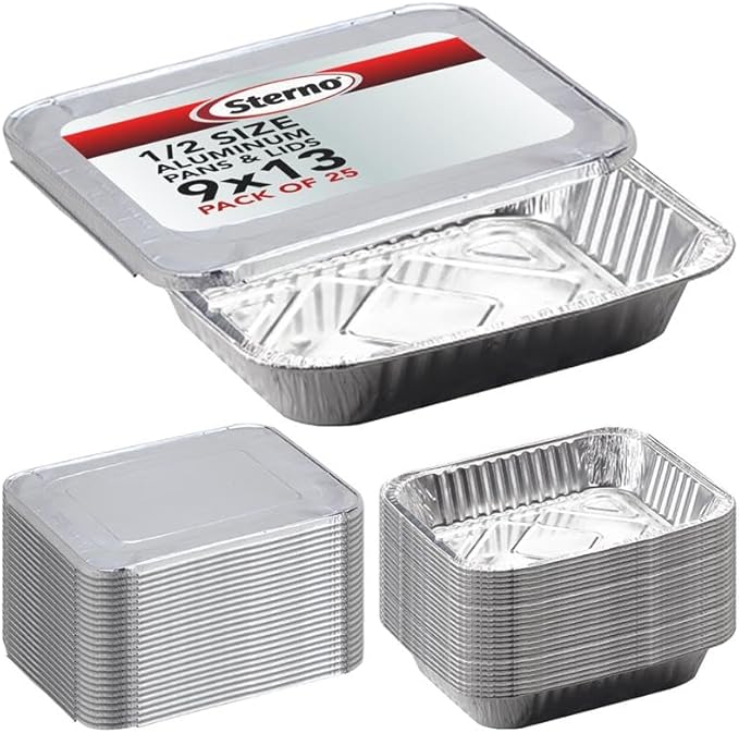 Sterno Aluminum Pans with Lids, Half Size, 9x13, Disposable Foil Tray for Baking, Roasting, Chafing, Great for Storage and Leftovers (50pcs)