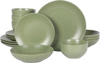 Gibson Home Queenslane 16-Piece Matte Green Stoneware Dinnerware Set – Double Bowl Plates and Bowls, Durable Kitchen Dinner Set