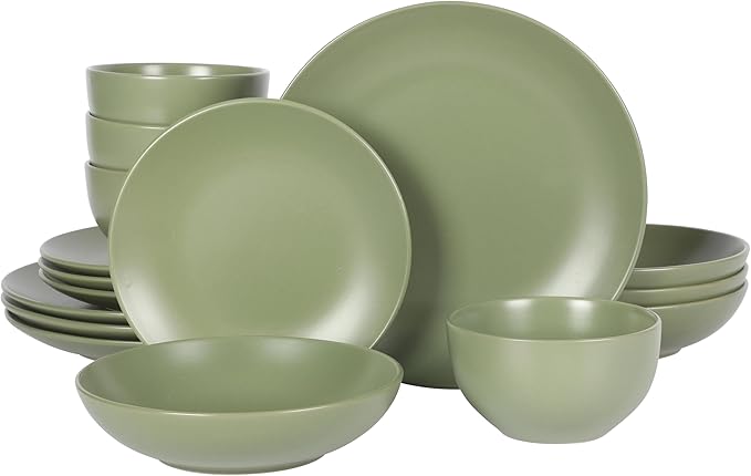 Gibson Home Queenslane 16-Piece Matte Green Stoneware Dinnerware Set – Double Bowl Plates and Bowls, Durable Kitchen Dinner Set