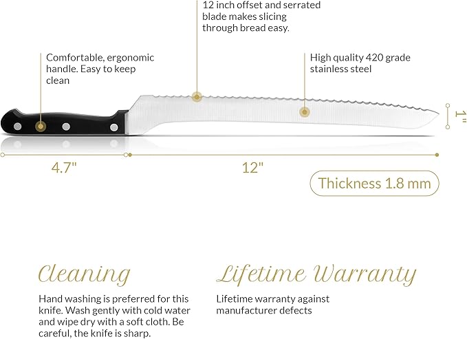 12 Inch Serrated Offset Bread Knife, Premium Stainless Steel Blade with Wave Edge, Full Tang Handle, Razor Sharp for Bread, Durable Professional Kitchen Knife, Black