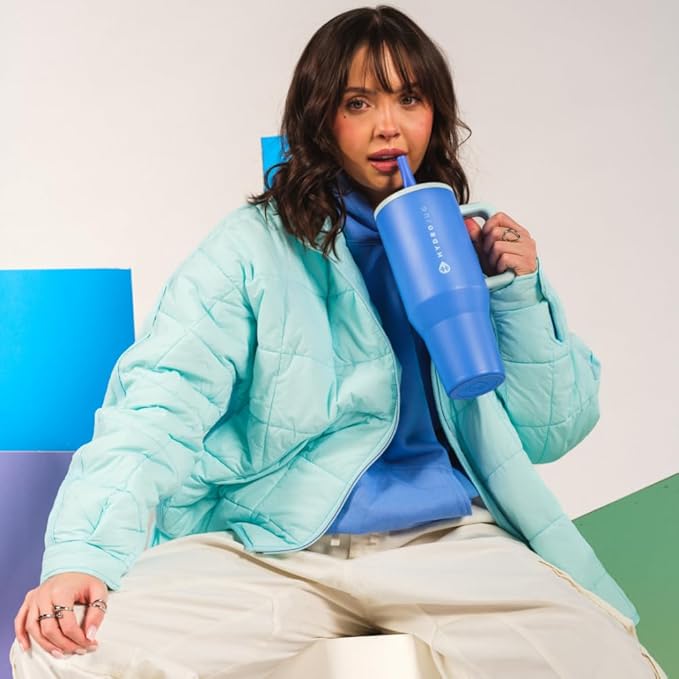 HydroJug Traveler - 40 oz Water Bottle with Handle & Flip Straw - Fits in Cup Holder, Leak Resistant Tumbler-Reusable Insulated Stainless Steel & Rubber Base - Gifts for Women & Men, Riptide