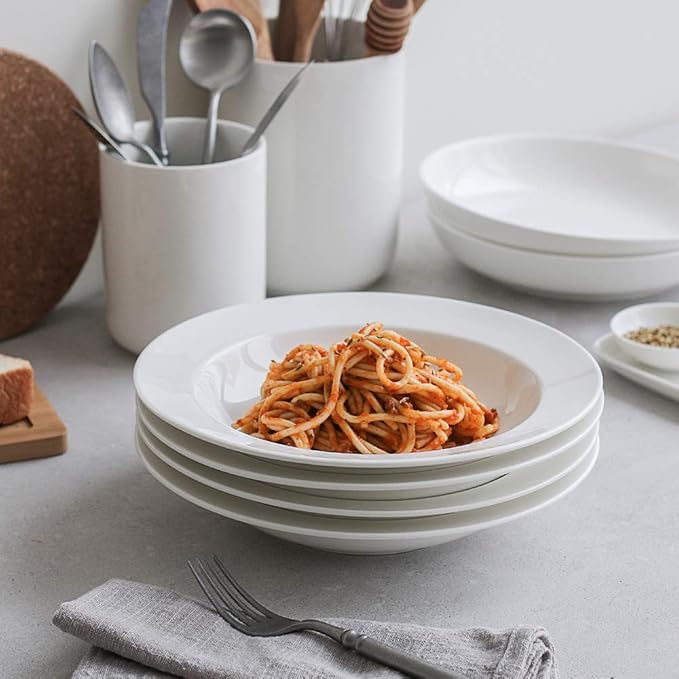 Y YHY Soup Bowls, Pasta Bowls Set of 4, White Salad Bowls and Plates, 20 Ounces Porcelain Wide Rim Bowls, Microwave and Dishwasher Safe, Christmas Gift
