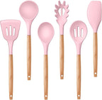 P&P CHEF Cooking Utensils Set, 6 PCS Kitchen Utensils with Wooden Handle, Silicone Spatula for Nonstick Cookware, Easy Clean & Non-toxic, Pink