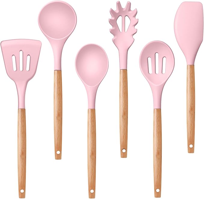 P&P CHEF Cooking Utensils Set, 6 PCS Kitchen Utensils with Wooden Handle, Silicone Spatula for Nonstick Cookware, Easy Clean & Non-toxic, Pink