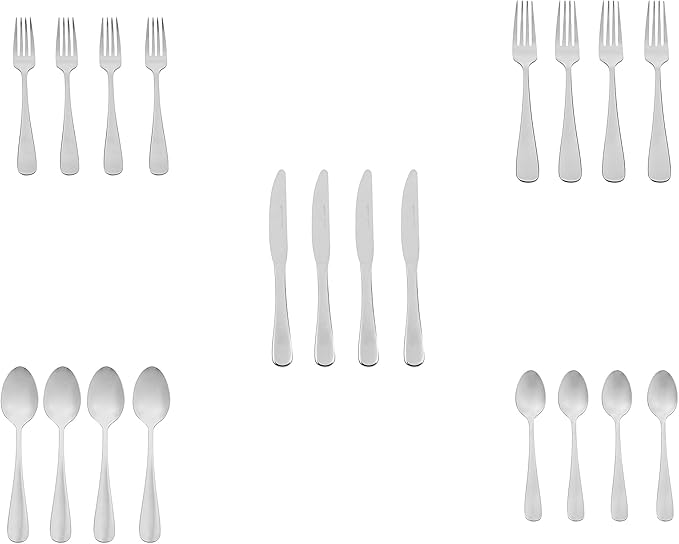 Amazon Basics Silverware Set, Stainless Steel Flatware, Dishwasher Safe, Service for 4, 20-Piece Forks and Spoons, Round Edge