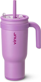 VINUR 40 oz Tumbler with Handle and Straw Lid-Reusable Stainless Steel Insulated Tumbler Cup for Water Coffee, Leakproof Travel Mug with Rubber Base(Lilac Purple)