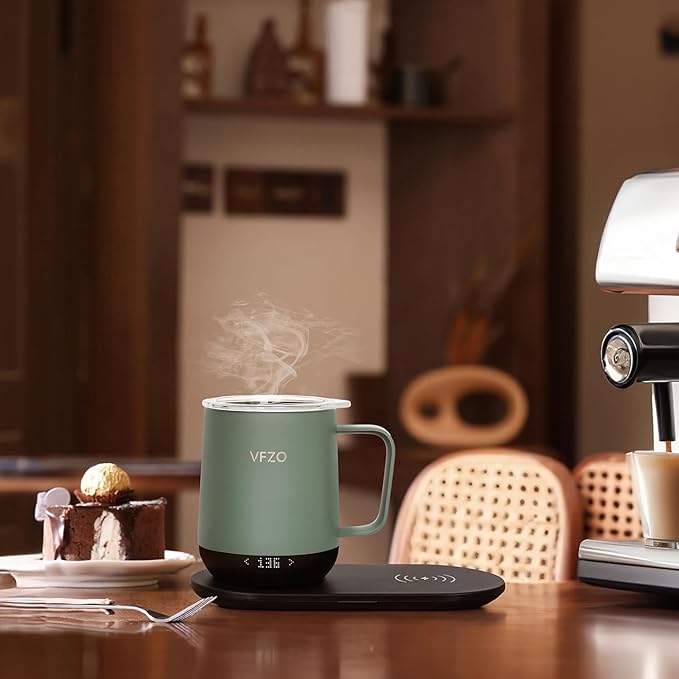 Temperature Control Smart Mug, Self Heating Coffee Mug LED Display, 180 Min Battery Life - Hot up to 149℉ Fast Wireless Charger Base Improved Design (12oz, Blue Grey)