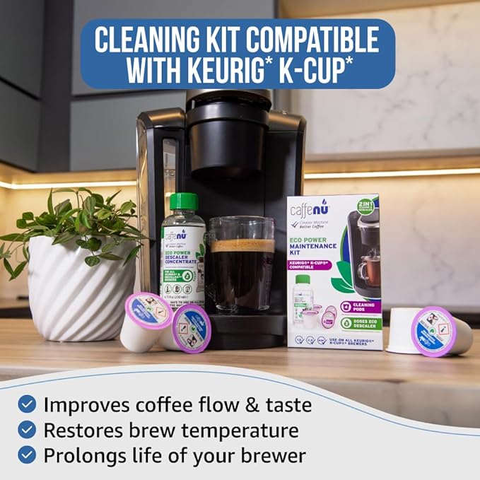Keurig Compatible Descaling Solution and Keurig Cleaner Pods. Removes Limescale & Cleans Pod Area. Better Tasting & Hotter Coffee. 4 Uses of Descaler & Cleaner.