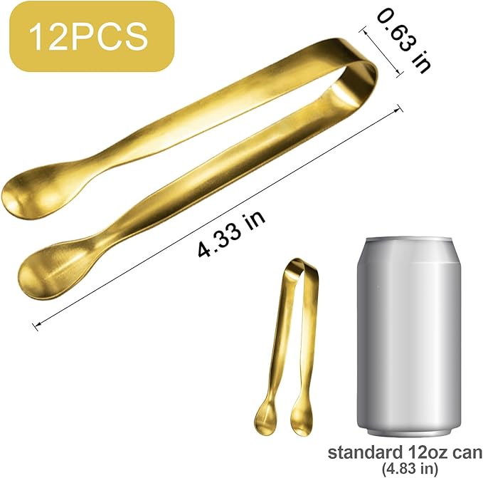 JCREN 12 Pcs Serving Tongs, Small Serving Utensils for Parties Catering Gold Tongs, Food-Grade 304 Stainless Steel Mini Appetizer Tongs for Tea Party Coffee Bar, 4 Inches - Gold