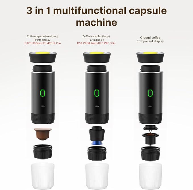 Decdeal Cordless Coffee Machine for Car Home Travel 3 in 1 Electric Coffee Maker Work With Capsule and Ground Coffee 15Bar Mini Cold Brew and Heating Coffee Maker with 150ml Cup