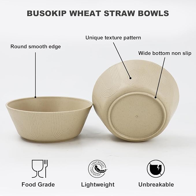 36 oz Wheat Straw Bowl Sets of 6, Alternative for Plastic Bowls Reusable Unbreakable Cereal Bowl for Popcorn, Salad, Soup, Microwave and Dishwasher Safe Serving Bowls for Kitchen (Beige)