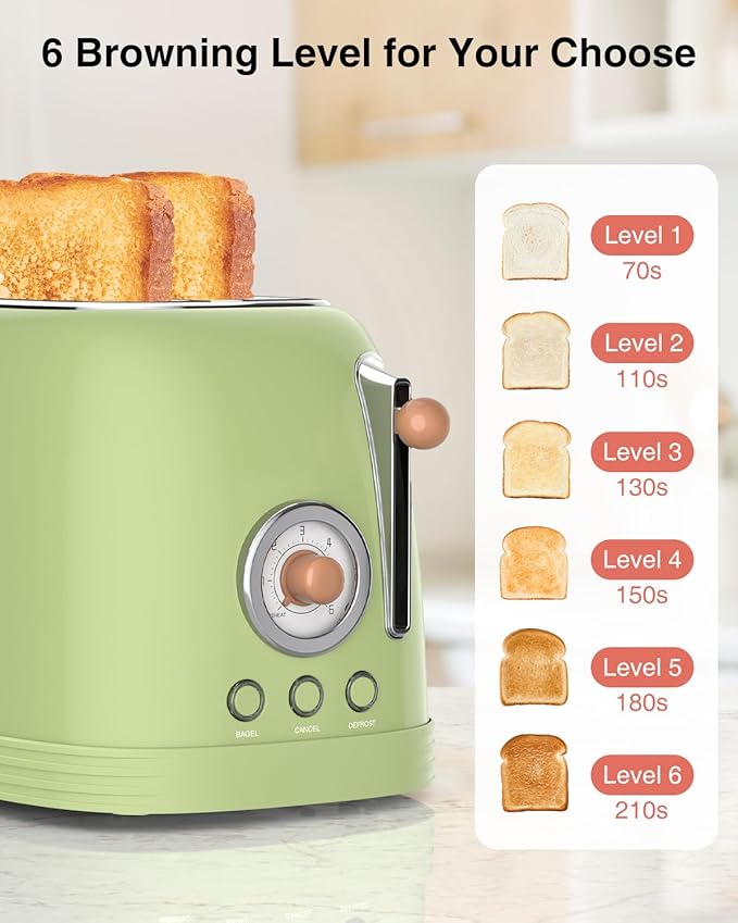 CROWNFUL 2-Slice Toaster, Extra Wide Slots Toaster, Retro Stainless Steel with Bagel, Cancel, Defrost, Reheat Function and 6-Shade Settings, Removal Crumb Tray, Green