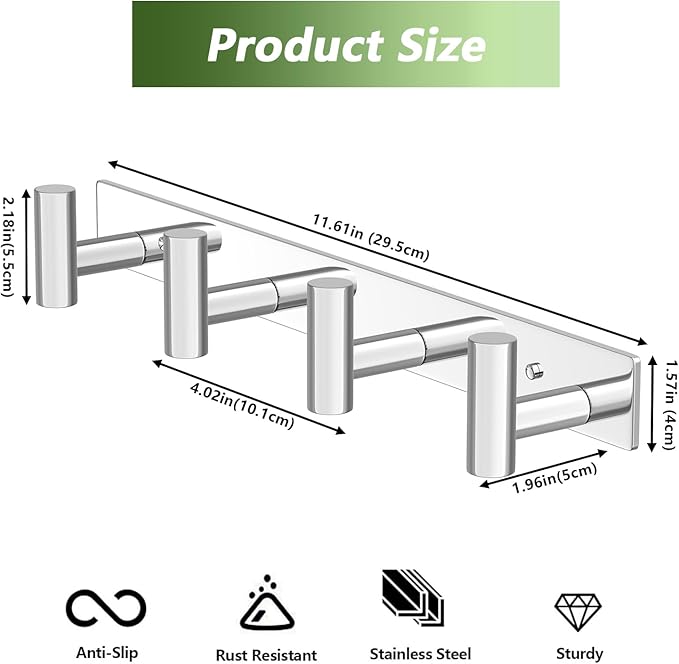 Wall Mounted Coat Rack-4 Hooks, Heavy Duty Stainless Steel Hook Rail for Towel Coat Hat Purse Bag Jacket, Towel Hooks for Entryway Bathroom Kitchen (Glossy 4 Hooks - 1 Pack)