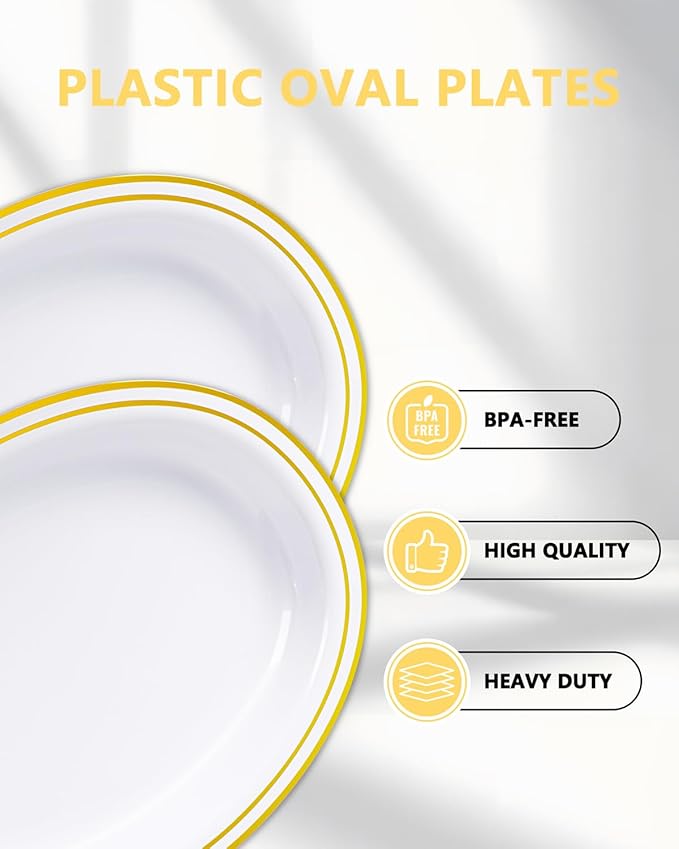 YOUBET 24PCS Oval Plastic Plates - 13 inch Super Strong White and Gold Disposable Platters, Heavy Duty Serving Trays for BBQ, Picnic, Party, Wedding, Thanksgiving
