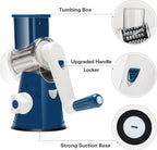 Cambom Rotary Cheese Grater Hand Crank Cheese Shredder for Fresh Cheese, Vegetable, Nuts,Non-slip Suction Base, Free Cleaning Brush Three Blades,Deep Blue