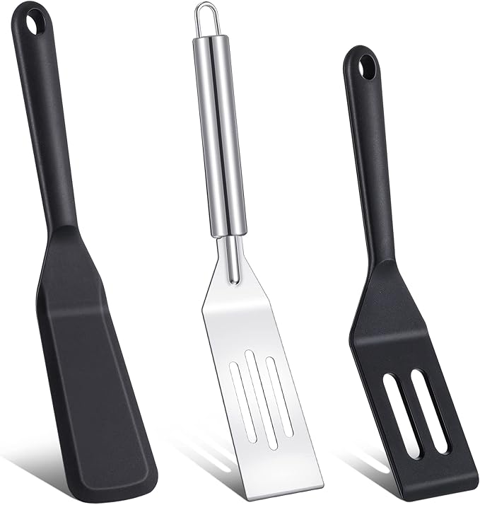 3 Pcs Small Spatula Thin Narrow Silicone Serving Spatula Kitchen Cooking Nonstick Stainless Steel Slotted Turner Pan Flipper for Egg Crepe Cake Fish Pancake Cookie