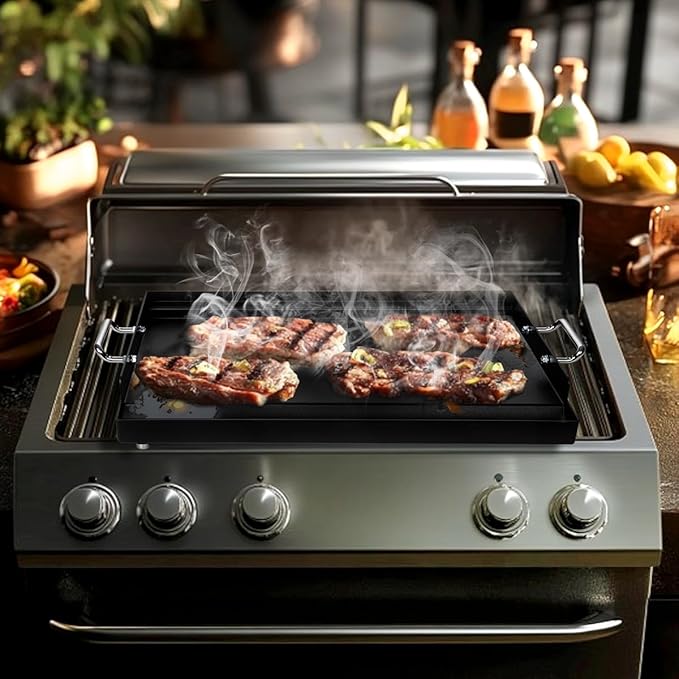 LotFun 17" x 13" Carbon Steel Cooking Griddle for Outdoor Gas Grill, Universal Griddle Flat Top Plate Insert with Grease Groove and Removable Handles for Electric/Charcoal/Gas Grill, Camping,Party