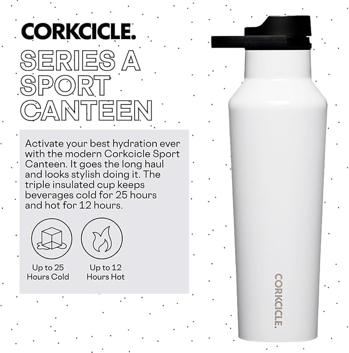Corkcicle Sport Canteen - Keeps Drinks Cold 25 Hours - Stainless Steel Water Bottle - Triple-Insulated - Spill-Proof - Summer Drinkware Gift - Keeps Drinks Ice Cold - 20 oz - Gloss White