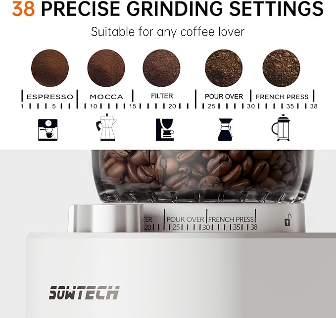 Conical Burr Coffee Grinder, Adjustable Burr Mill with 38 Precise Grind Setting, precision timer, for Espresso/Drip/Pour Over/Cold Brew/French Press Coffee Maker(Beige)