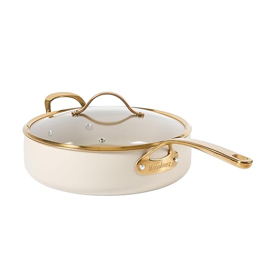 bloomhouse - Two Time Oprah's Favorite Things Winner - 6 QT Heavy Duty Aluminum Premium PFA Free Ceramic Nonstick Saute/Deep Frying Pan Skillet with Lid - Almond Cream w/Gold Handle