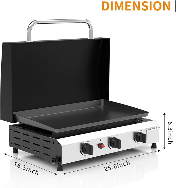 3 Burner BBQ Gas Griddle with Hood, 25.6 Inch Stainless Steel Portable Detachable Propane Griddle, 45,000 BTU Flat Top Grill with Lid for Camping, Silver