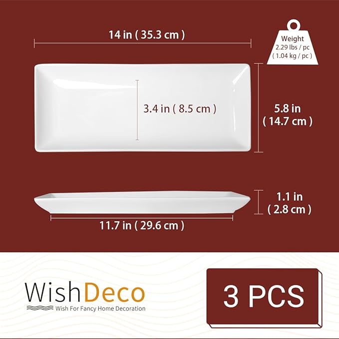 Serving Platters Set of 3, Large Serving Trays 14 inch, White Serving Plates, Ceramic Rectangle Plate, Long Platter for Cake, Sushi, Steak, Dessert, Buffet