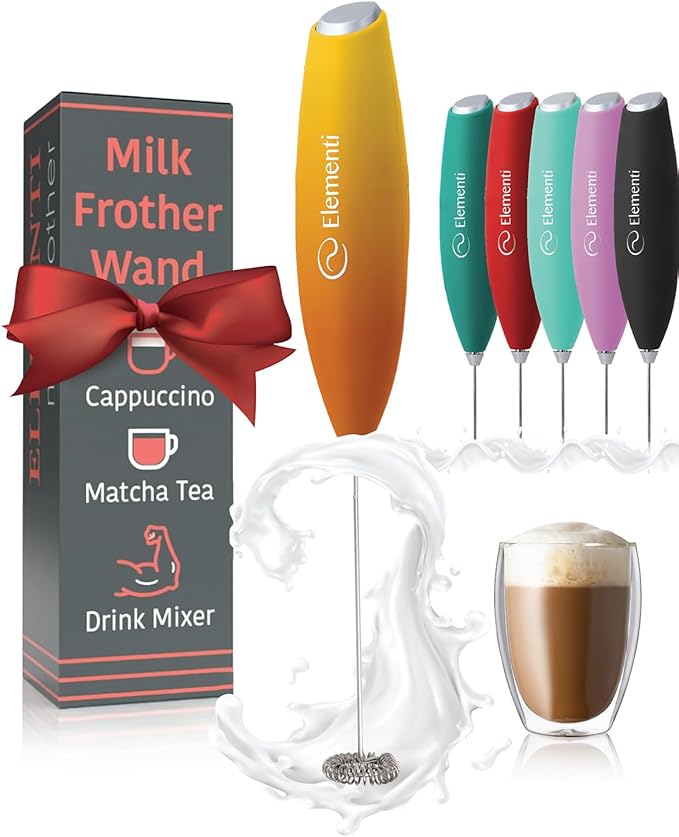 Elementi Drink Mixer Handheld - Electric Stirrer and Powerful Protein Powder Mixer Wand, Easy-to-Use Mini Frother Wand for Quick Delicious Cocktails, Milk Frother and Coffee Stirrers (Sunrise)