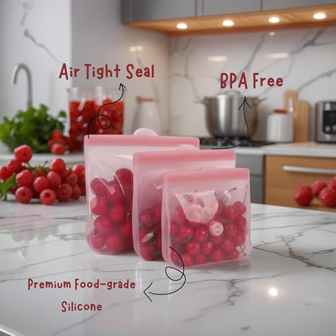 Reusable Silicone Food Storage Bags – Premium Eco-Friendly Multi-Size Set (650ml/1300ml/2000ml), Leakproof, BPA-Free, Freezer & Microwave Safe, Dishwasher Friendly (Pink)