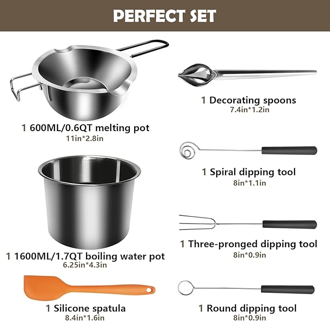 Artcome Double Boiler Melting Pot Set - 600ML/0.6QT Chocolate Melting Pot, 1600ML/1.7QT Stainless Steel Pot, Decorating Spoons, Silicone Spatula and Dipping Tool for Melting Chocolate, Candy, Soap