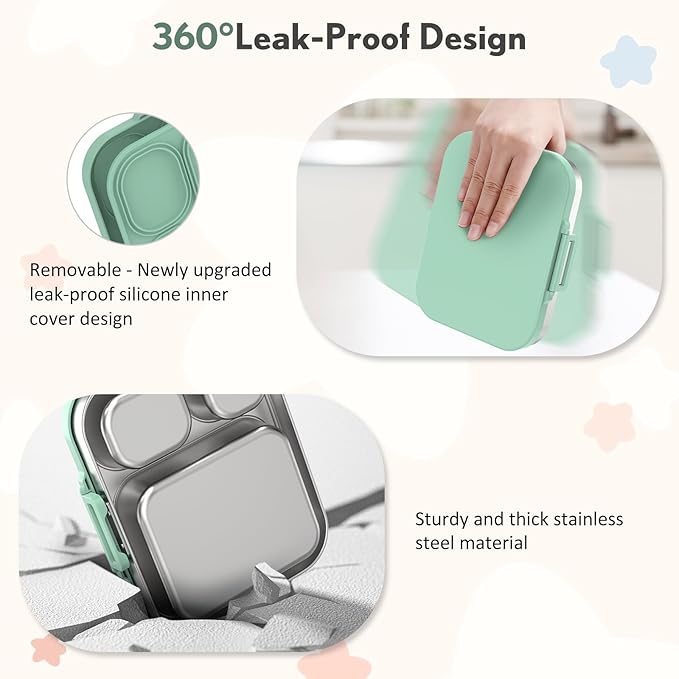 Stainless Steel Bento Box Kids, Leak Proof Metal Bento Lunch Box,3 Compartments 304 Stainless Steel Bento Lunch Containers for School and Office,Dishwasher Safe, BPA-Free(Green)