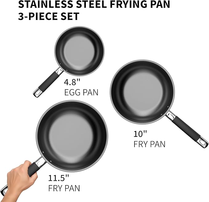 Non Stick Frying Pans, 3 PCS 18/8 Stainless Steel Nonstick Skillet Set, 10” 11.5” 5” Pan, Compatible with All Stoves