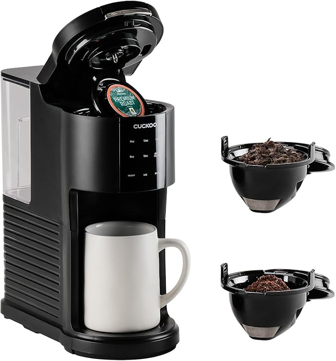 CUCKOO Single Serve Coffee Maker for K-Cup Ground Beans & Loose-Leaf Tea, Versatile 3-in-1 Pod Coffee Maker, Small Single Cup Machine with 5 Sizes and Auto-Clean Mode (CCM-AK011B)