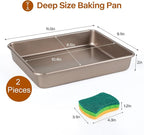 Rectangle Cake Pan, 9x11 Baking Pan, Deep Bread Pan Nonstick, Toaster Oven Tray Bakeware for Brownies, Heavy Duty, 11x9x2 Inch, Pack of 2, Gold, Easy Release