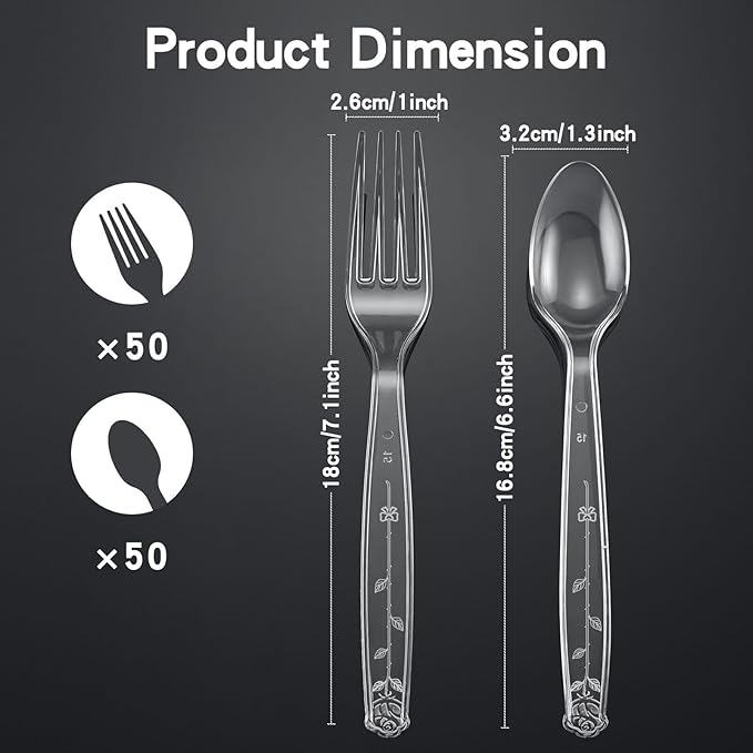 100 Count Plastic Silverware Heavy Duty 50Forks50Spoons | Shatterproof BPA-Free Disposable Cutlery Heat Resistant Disposable Plastic Utensils for Catering & Events, Party Supplies