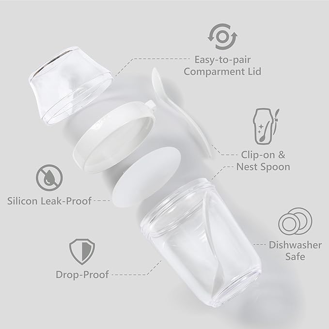 Felli On the Go Yogurt Parfait Snack Cup 12 oz with Spoon & Lid, 100% Leak Proof Granola Holder for To Go Breakfast Cereal Fruit Overnight Oats Container Reusable, Travel Hiking Camping (2, White)