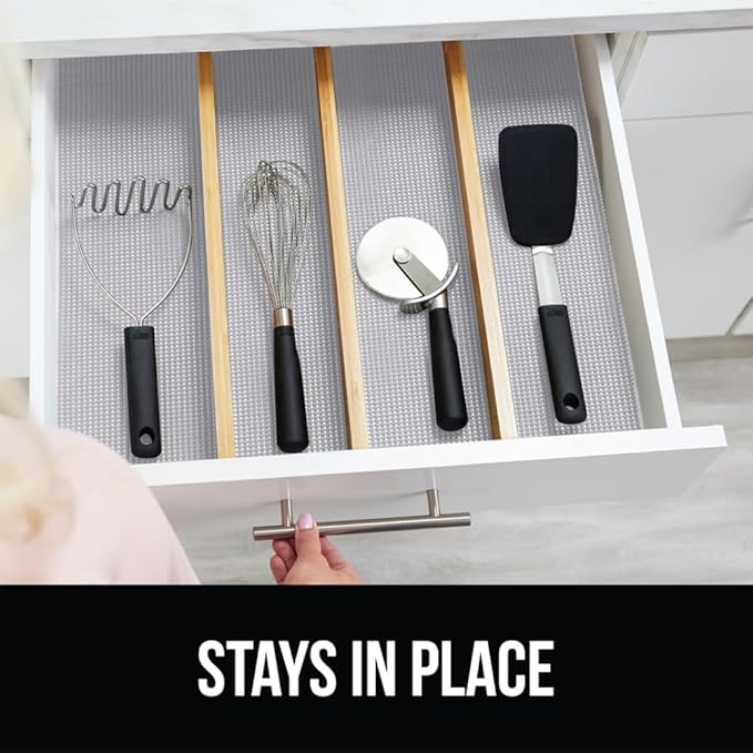 GORILLA GRIP powerGRIP Drawer Shelf and Cabinet Liner, Thick Strong Hold, Non-Adhesive Liners Protect Kitchen Cabinets and Cupboard, Bathroom Drawers, Easy Install, Breathable Mat, 12" x20' Light Gray