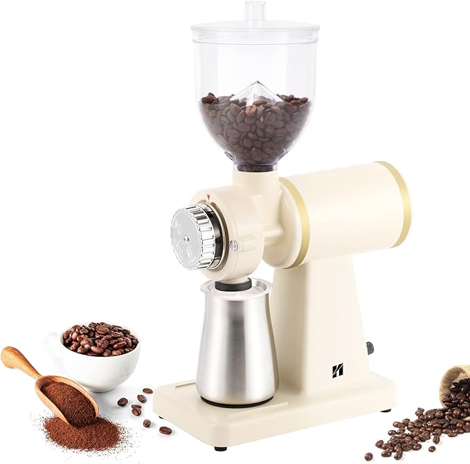 Huanyu Electric Coffee Bean Grinder 250G Commercial&Home Milling Grinding Machine 200W Automatic Burr Grinder Professional Miller 8 Fine - Coarse Grind Size Settings (White)