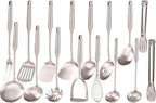 18/10 Stainless Steel Cooking Utensils Set - 16 PCS All Metal Kitchen Tools, Serving Utensils - Whisk, Masher, Fork, Tongs, Solid/Slotted Spoon, Spatula, Turner, Ladle, Skimmer, Pasta, Large Spoon Set