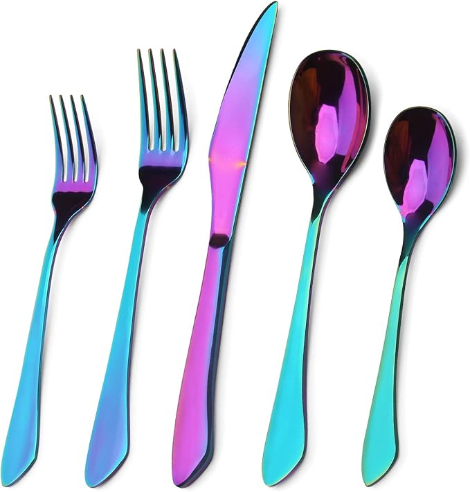 Rainbow Silverware Set, 20-Piece Stainless Steel Flatware Set with Round Edge, Kitchen Utensil Set Service for 4, Dishwasher Safe