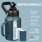 BJPKPK 64oz Insulated Water Bottle with Handle, Large Dishwasher Safe Half Gallon Water Bottle, BPA Free Water Jug, Wide Mouth Metal Water Bottle with Anti-slip Bottom, Keep Cold & Hot, Navy Blue