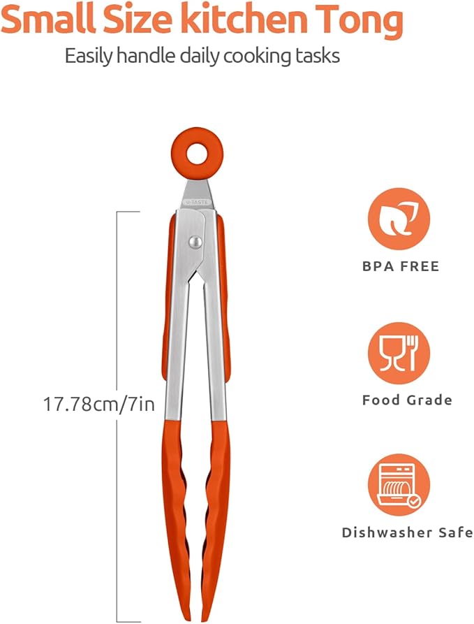 600ºF Heat Resistant Kitchen Tong: U-Taste 7 inch Silicone Cooking Tong with Firm Sealed Non Stick Rubber Tips & Silicon Coated 18/8 Stainless Steel Handle & Smooth Locking for Serving Salad (Orange)