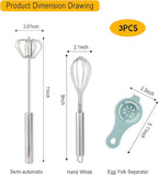 3-Piece Whisk Set with Yolk Separator - Semi-Auto & Manual Cooking Whisks for Baking Mixing, Egg Foaming | Stainless Steel Beating Tools with Ergonomic Handles (3PC Kitchen Gadgets)